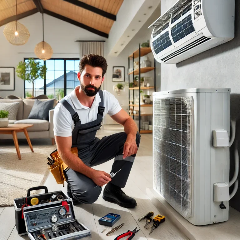 A-professional-air-conditioning-technician-servicing-an-air-conditioning-unit-in-a-residential-home-in-Woodmead-South-Africa